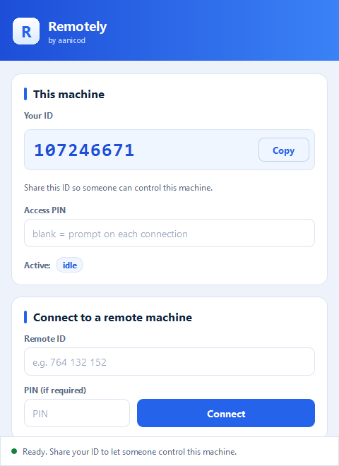 The Remotely desktop app — your ID, access PIN, and a field to connect to a remote machine